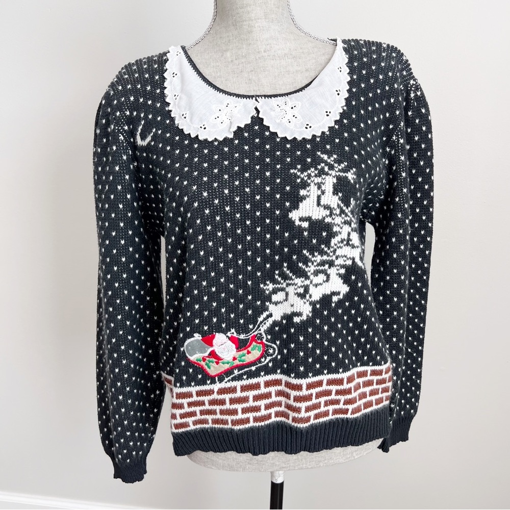 Vintage 80s Sweater Loft New York Christmas Sweater Puff Shoulder Top VTG Large